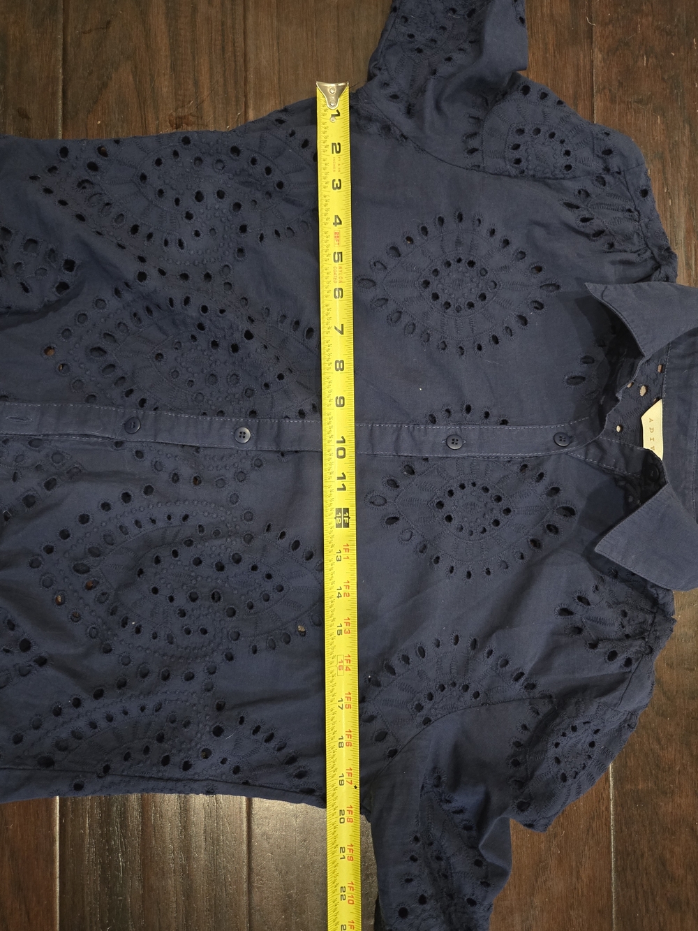 Adiva Navy Eyelet Button Down Shirt Cotton Boho Cottagecore Beach Cover Up M - Picture 12 of 13